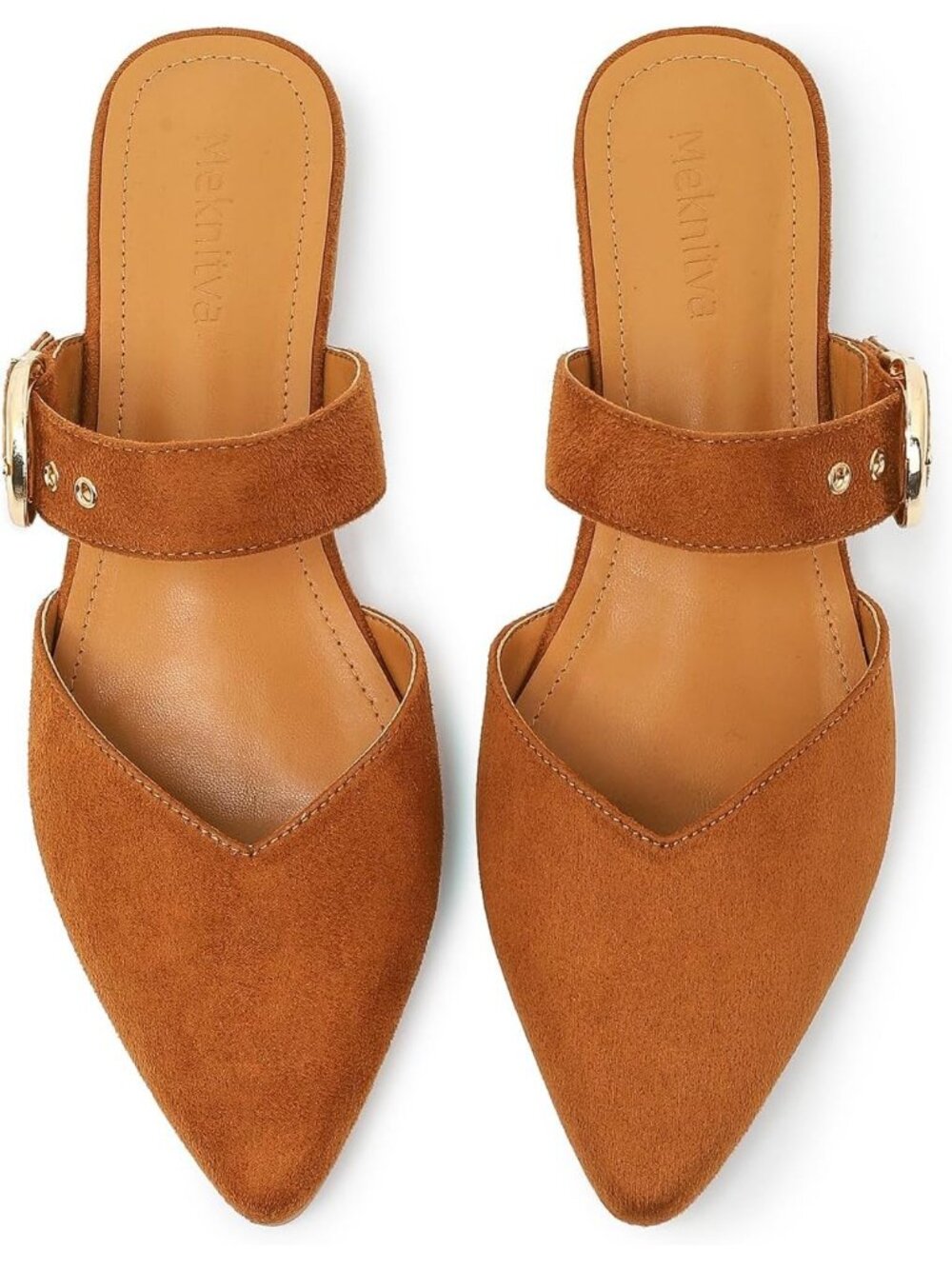 Women's Brown Pointed Toe Mules Adjustable Strap Synthetic Suede Slip On Shoes